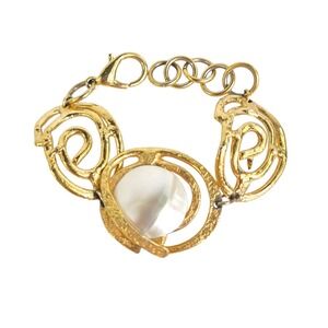 J. Jansen Designs Gold Brutalist Pearl Swirl Bracelet Chunky Statement Vtg